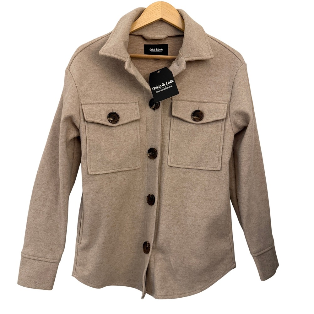 Ookie & Lala Shacket Womens XS Tan New Button Down Flap Pocket Oversized Jacket